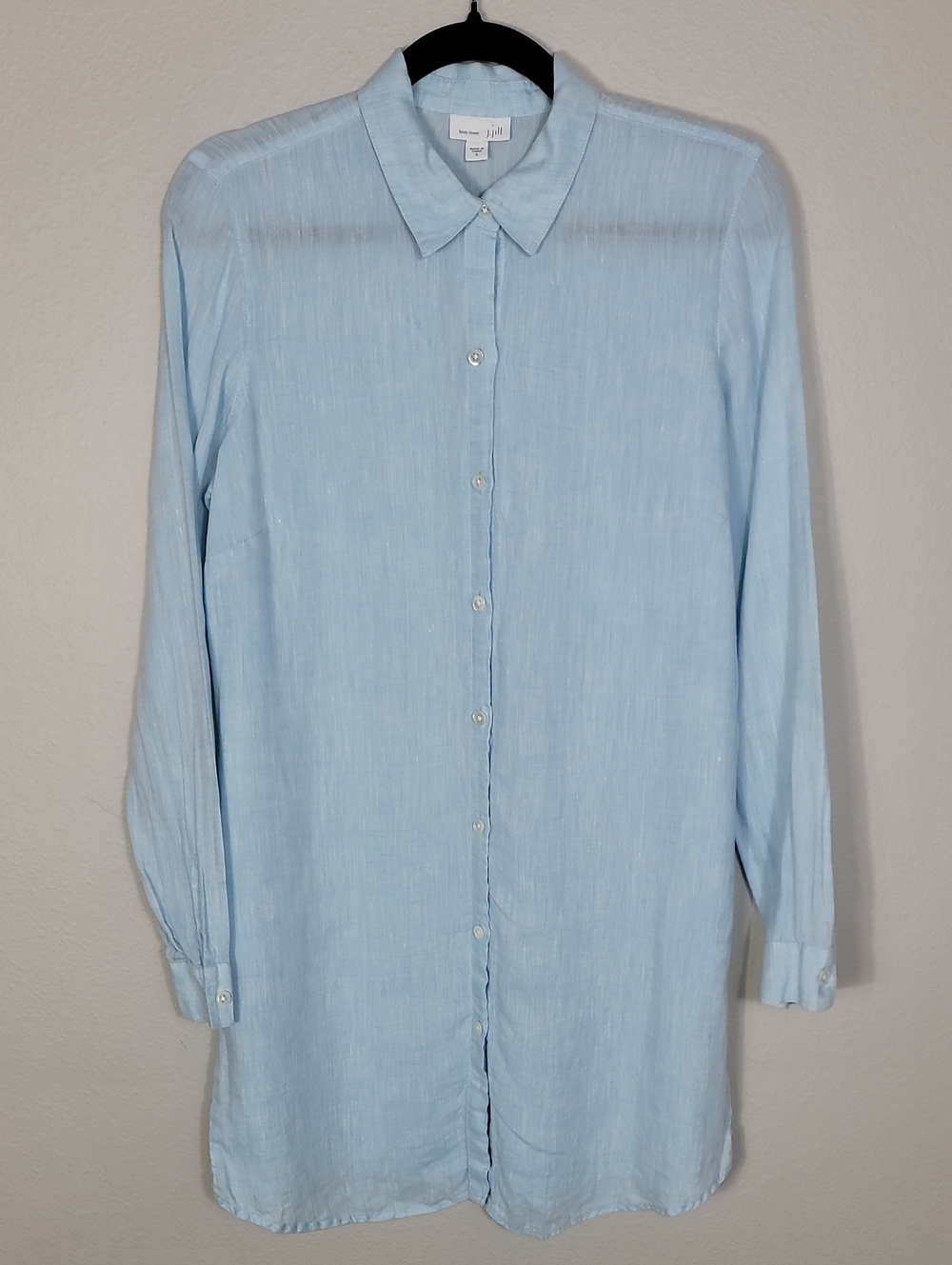 J Jill Love Linen Button Up Tunic Shirt Size Small Blue Long Sleeve Coastal
